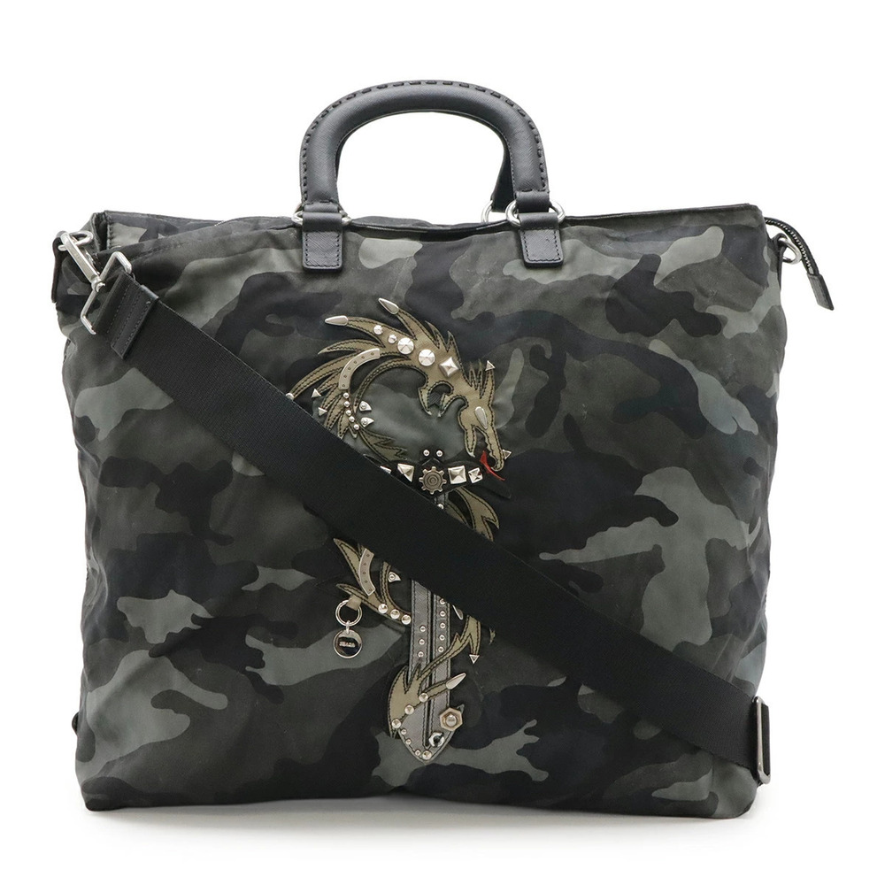 Prada Tote Tessuto Saffiano Bag Shoulder Dragon Camouflage FUMO Green Multicolor